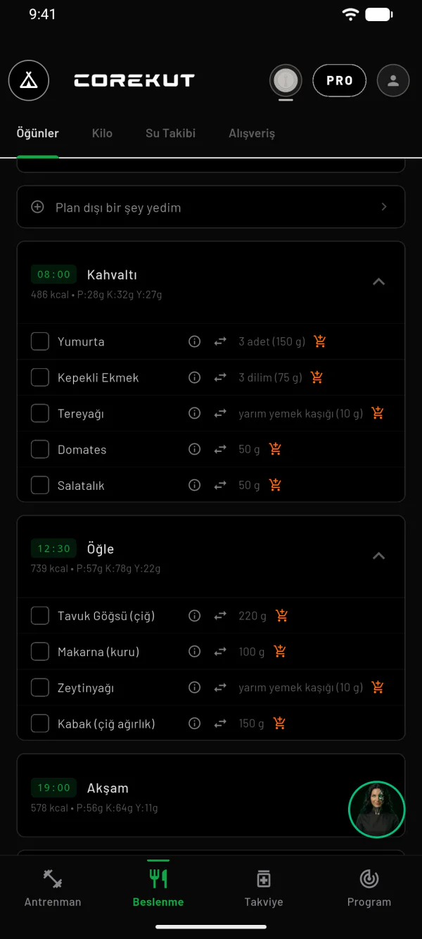 Beslenme planı: kahvaltı ve öğle öğünü, gram ve ev ölçüsüyle