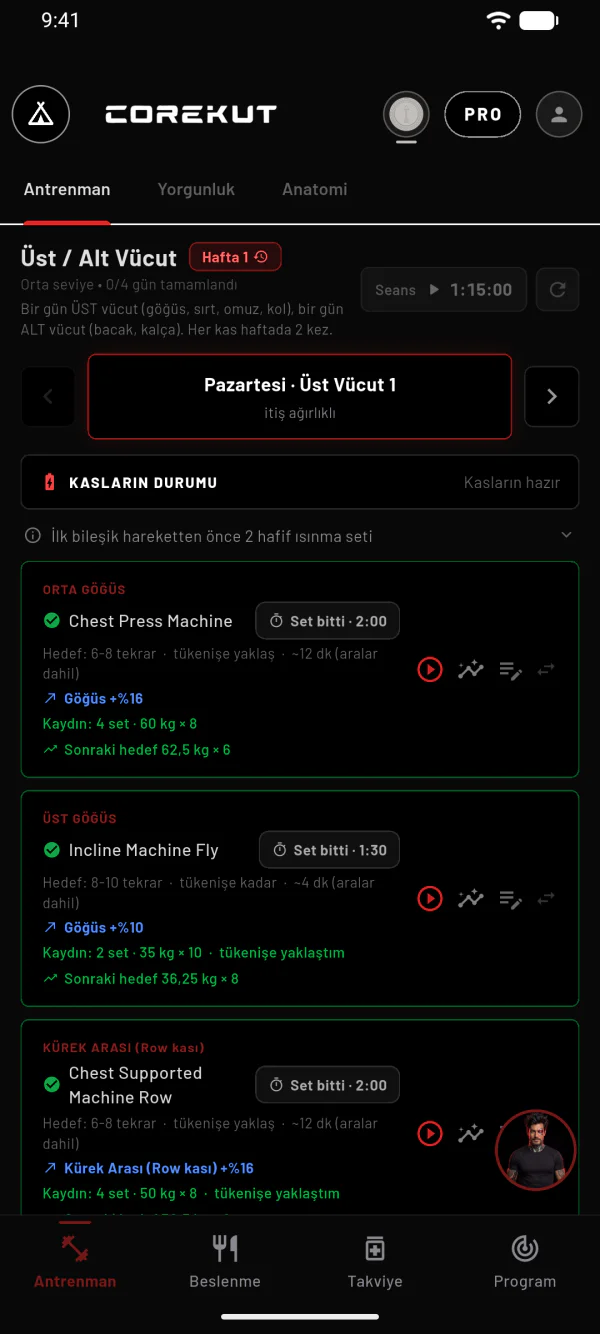 Antrenman ekranı: Üst / Alt Vücut programı, girilen kayıtlar ve sonraki hedefler