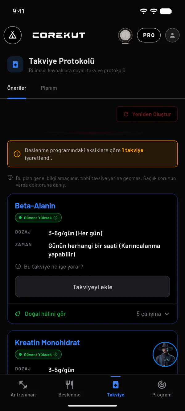Takviye listesi: Beta-Alanin ve Kreatin, güven düzeyi, doz ve zaman
